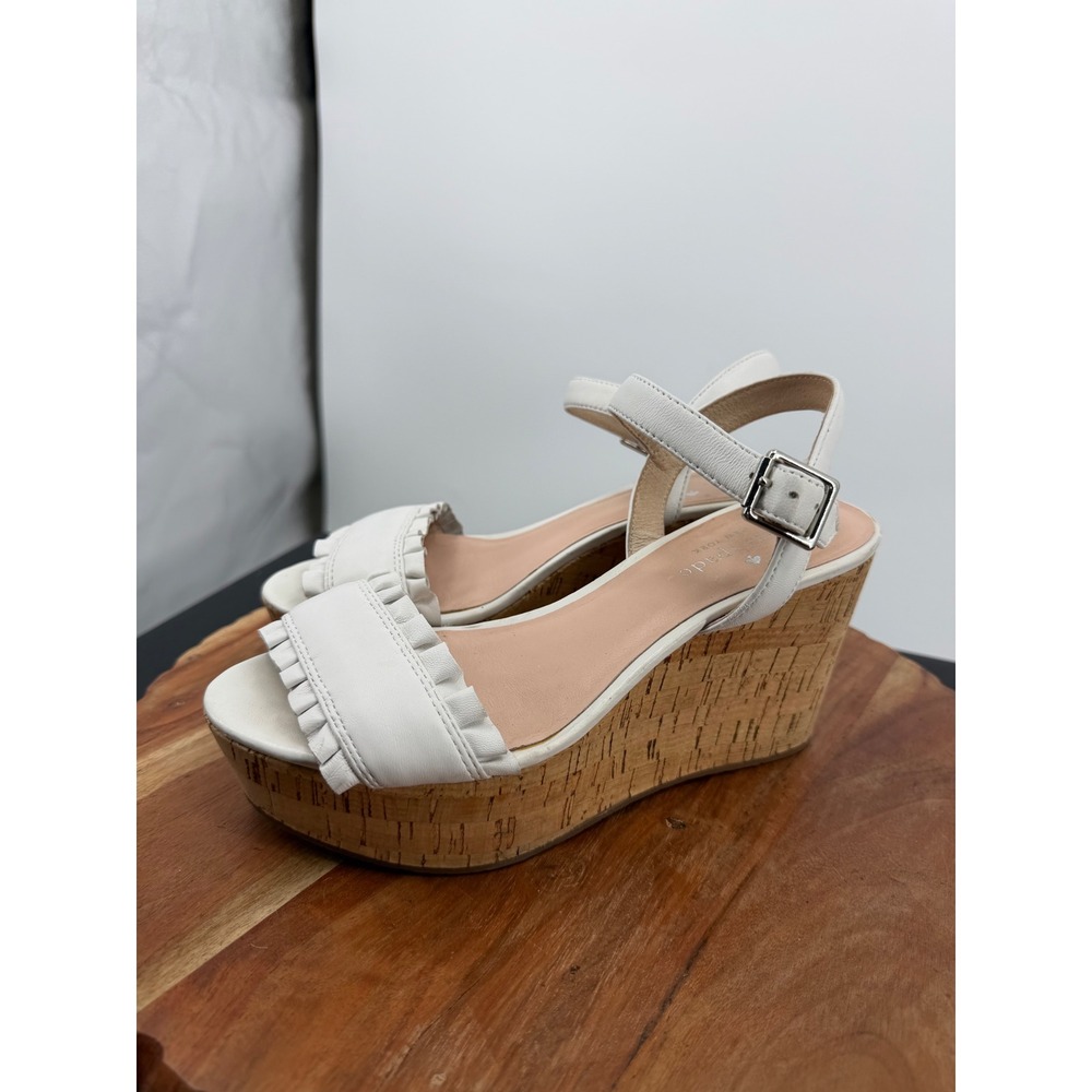 Kate Spade Tomas Wedge Sandals Men 6M White Leather Ruffle Cork Platform Heel